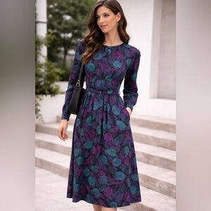 Vintage Lanz Originals Womens Medium Midi Dress Leaf Print 80s Cottagecore Retro